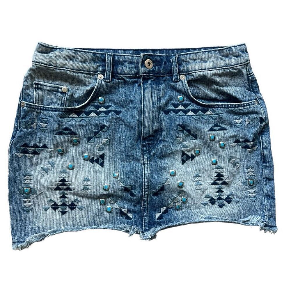 Womens H&M Divided Studded & Embroidered Boho Denim Jean Mini Skirt - Sz